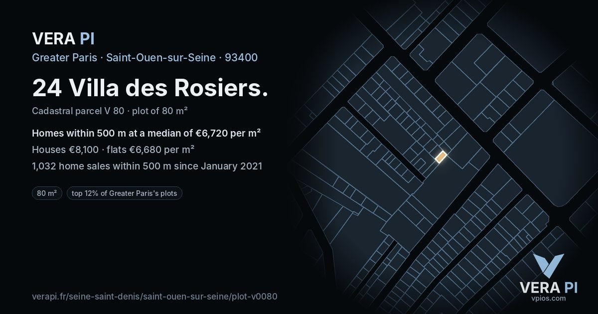 24 Villa des Rosiers, Saint-Ouen-sur-Seine at night – the plot lit, the parcels around coloured by the prices near them