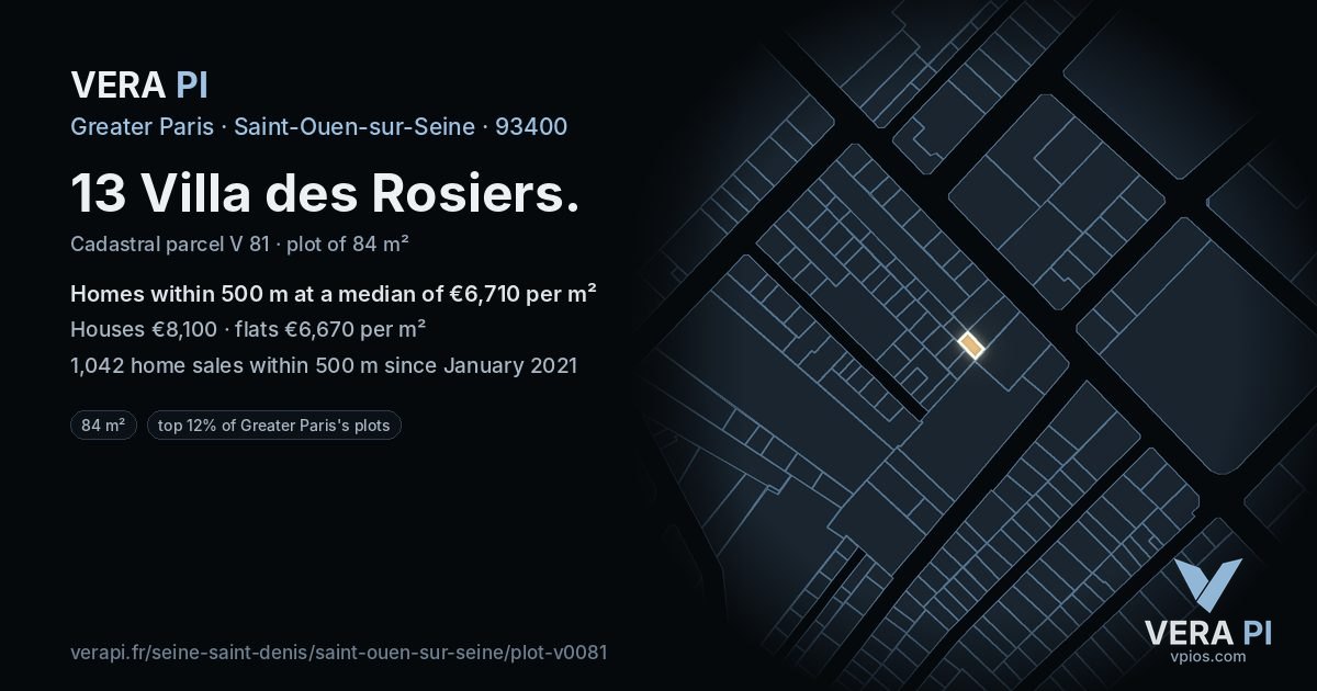 13 Villa des Rosiers, Saint-Ouen-sur-Seine at night – the plot lit, the parcels around coloured by the prices near them