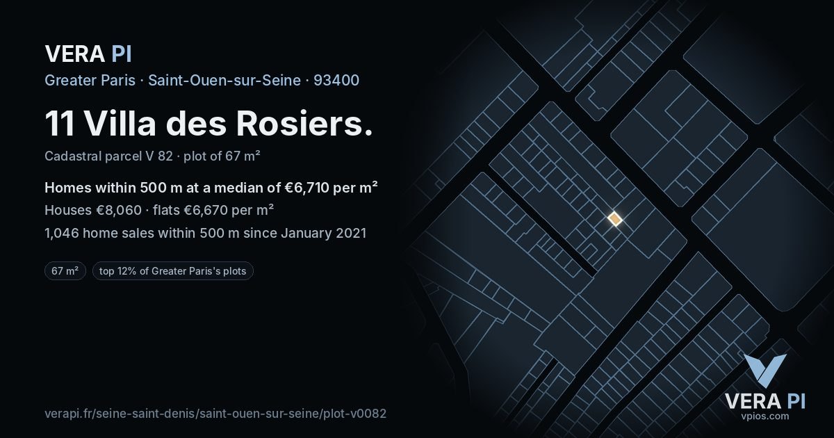 11 Villa des Rosiers, Saint-Ouen-sur-Seine at night – the plot lit, the parcels around coloured by the prices near them