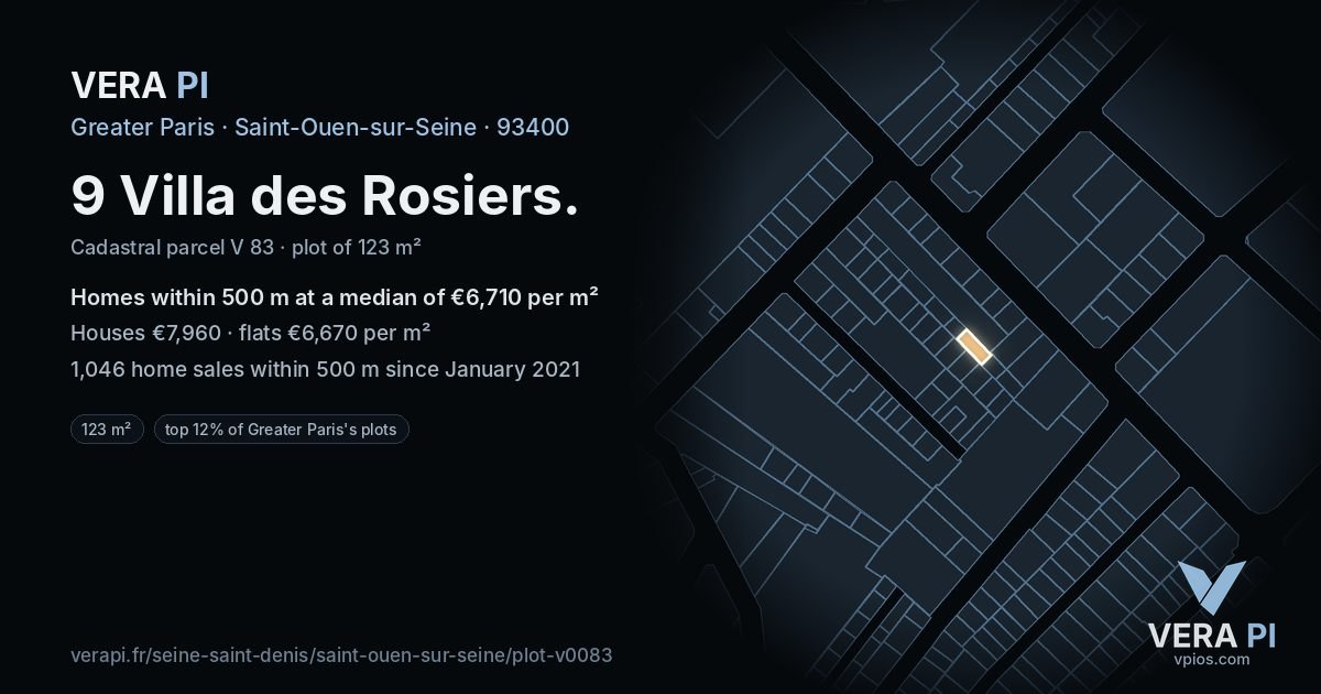 9 Villa des Rosiers, Saint-Ouen-sur-Seine at night – the plot lit, the parcels around coloured by the prices near them