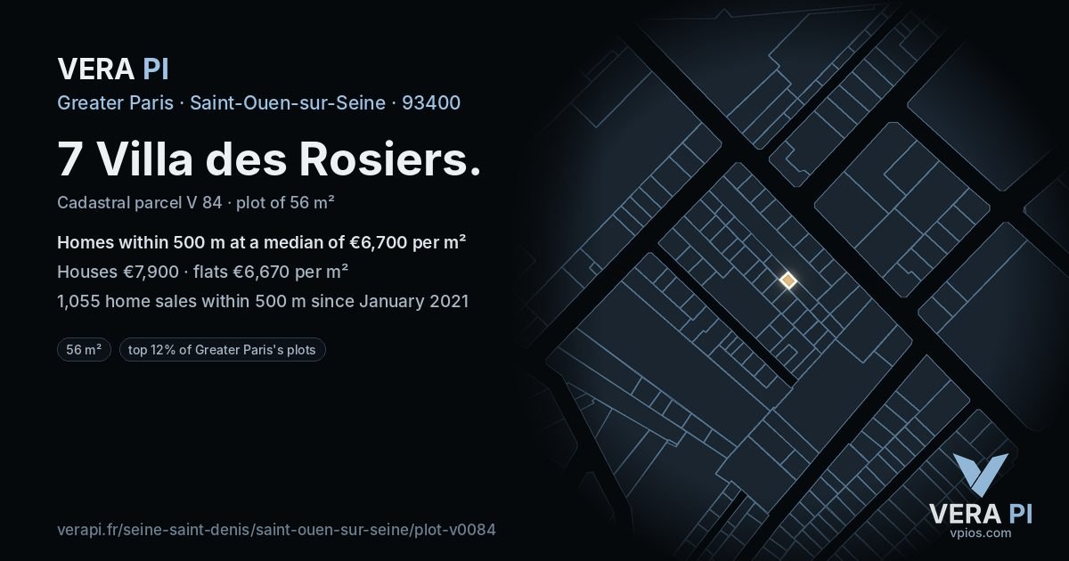 7 Villa des Rosiers, Saint-Ouen-sur-Seine at night – the plot lit, the parcels around coloured by the prices near them