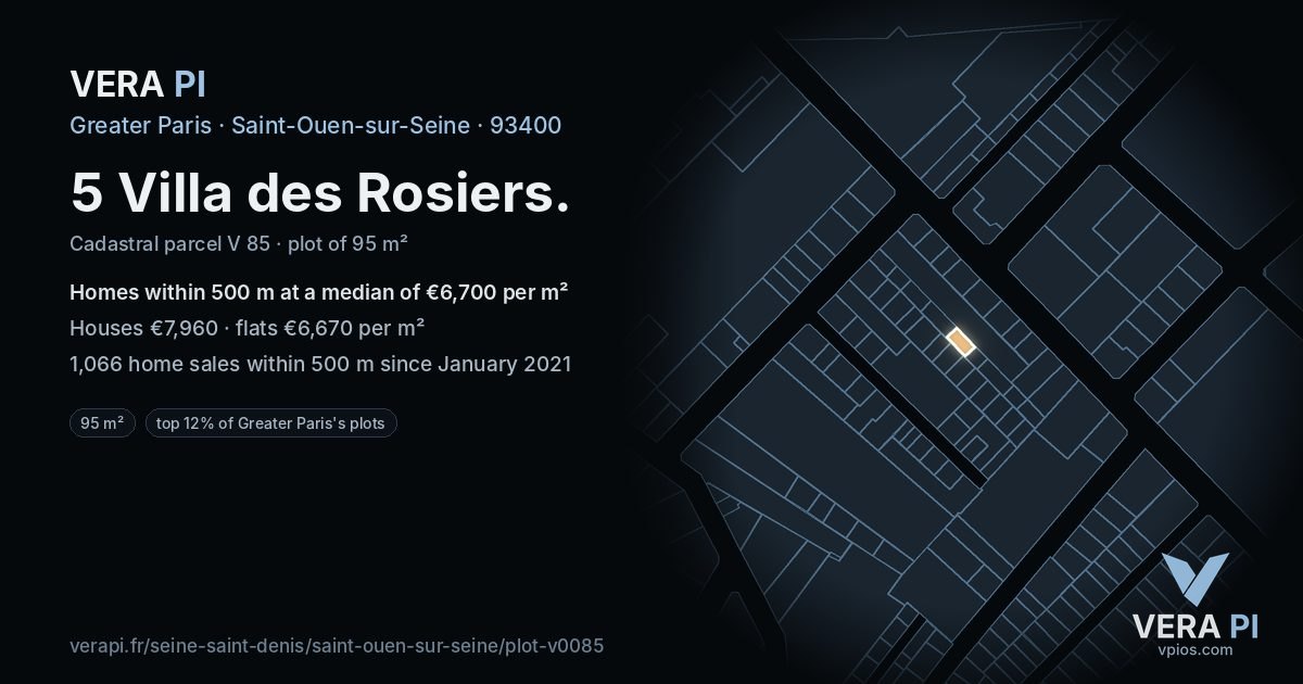 5 Villa des Rosiers, Saint-Ouen-sur-Seine at night – the plot lit, the parcels around coloured by the prices near them