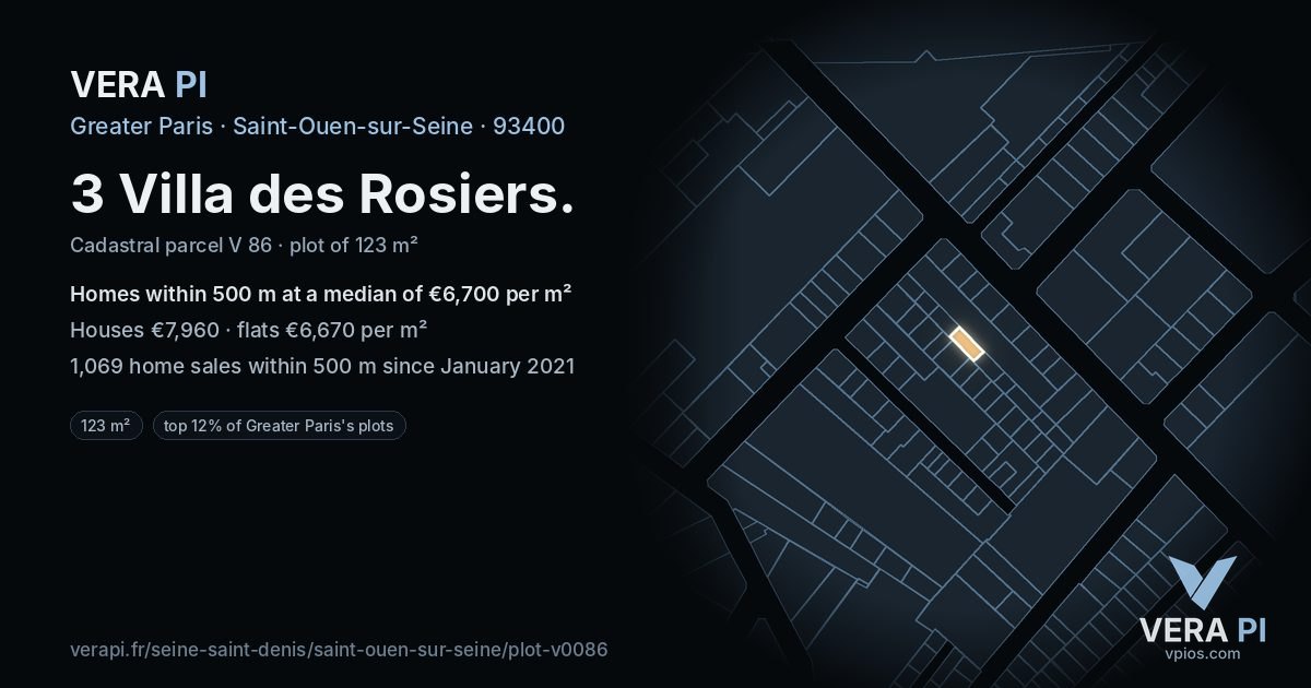3 Villa des Rosiers, Saint-Ouen-sur-Seine at night – the plot lit, the parcels around coloured by the prices near them