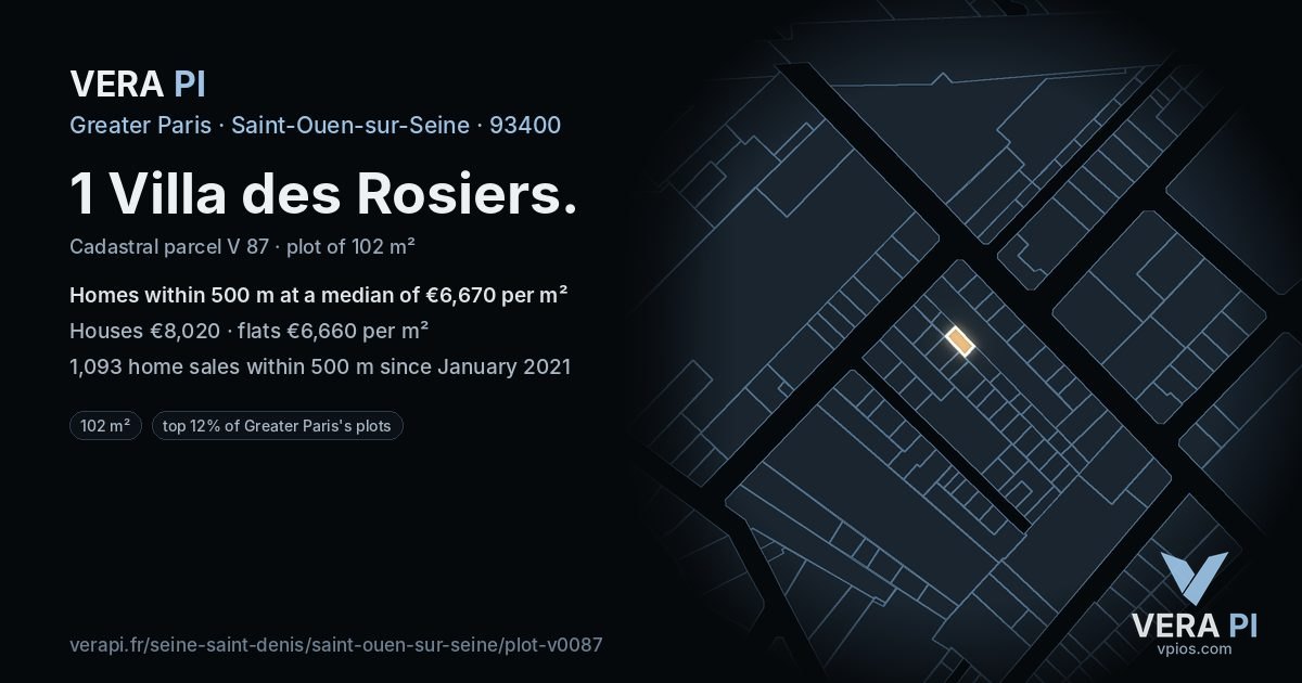 1 Villa des Rosiers, Saint-Ouen-sur-Seine at night – the plot lit, the parcels around coloured by the prices near them