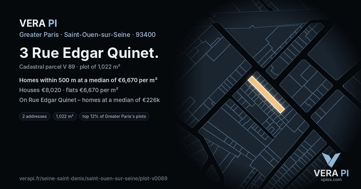 3 Rue Edgar Quinet, Saint-Ouen-sur-Seine at night – the plot lit, the parcels around coloured by the prices near them