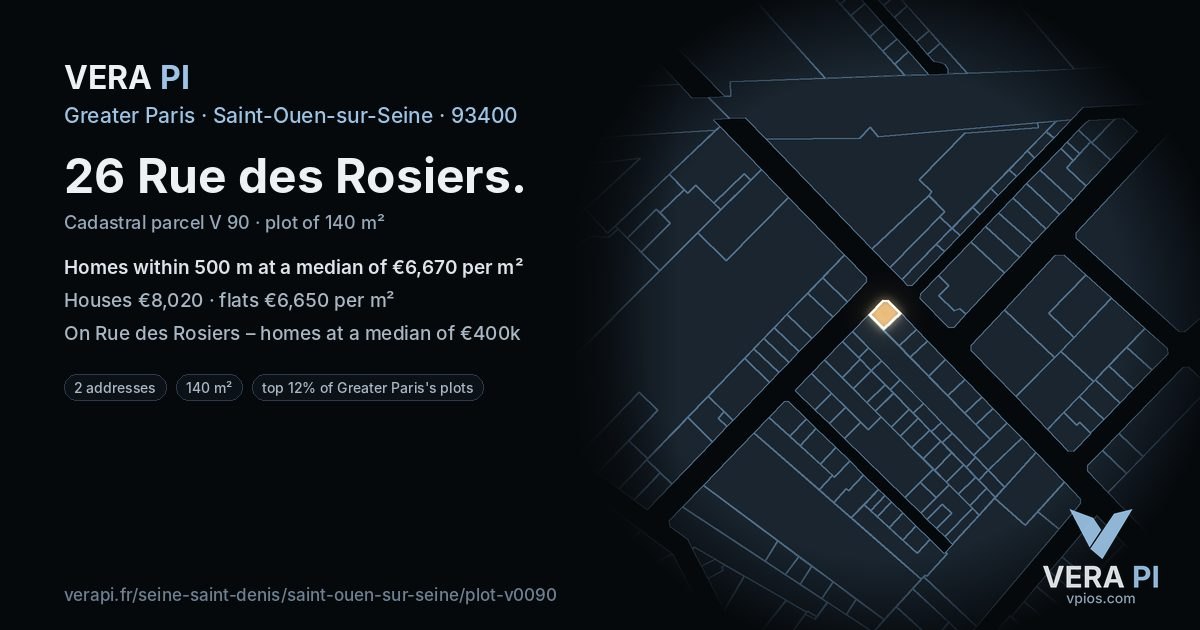 26 Rue des Rosiers, Saint-Ouen-sur-Seine at night – the plot lit, the parcels around coloured by the prices near them