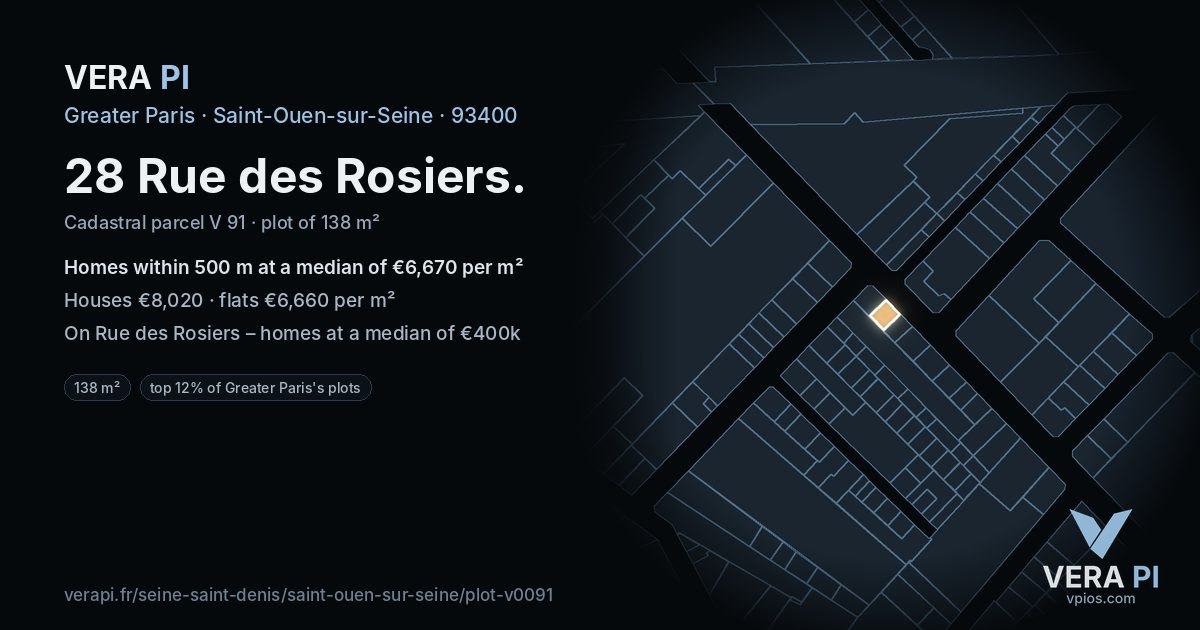 28 Rue des Rosiers, Saint-Ouen-sur-Seine at night – the plot lit, the parcels around coloured by the prices near them