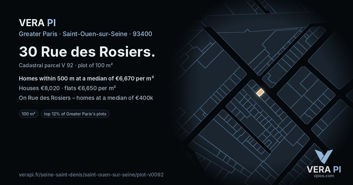 30 Rue des Rosiers, Saint-Ouen-sur-Seine at night – the plot lit, the parcels around coloured by the prices near them