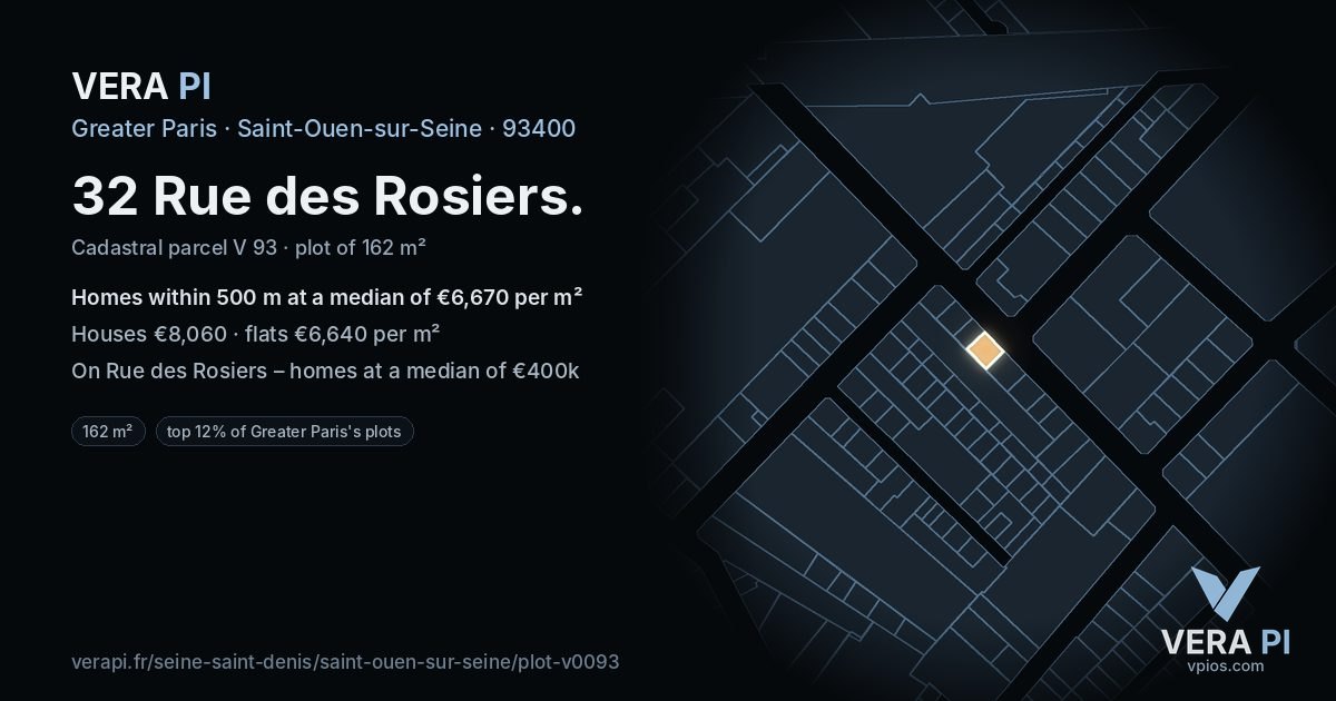 32 Rue des Rosiers, Saint-Ouen-sur-Seine at night – the plot lit, the parcels around coloured by the prices near them