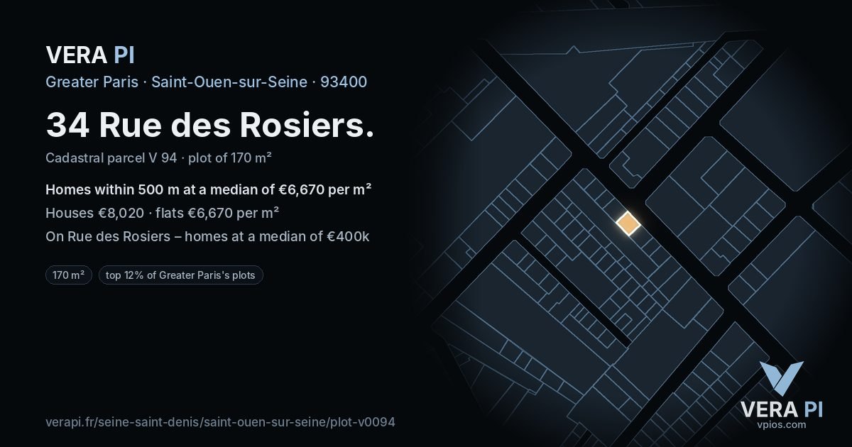 34 Rue des Rosiers, Saint-Ouen-sur-Seine at night – the plot lit, the parcels around coloured by the prices near them