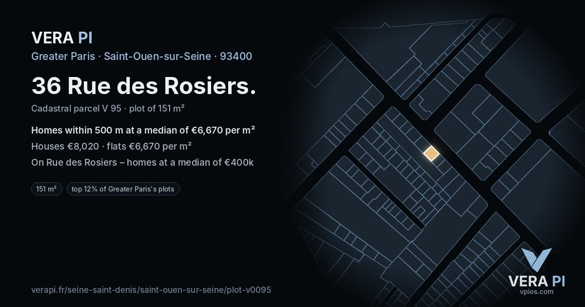 36 Rue des Rosiers, Saint-Ouen-sur-Seine at night – the plot lit, the parcels around coloured by the prices near them