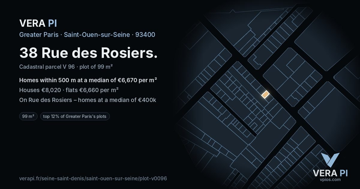 38 Rue des Rosiers, Saint-Ouen-sur-Seine at night – the plot lit, the parcels around coloured by the prices near them