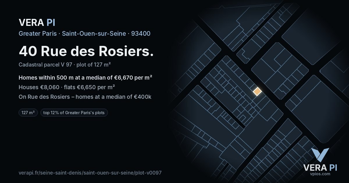 40 Rue des Rosiers, Saint-Ouen-sur-Seine at night – the plot lit, the parcels around coloured by the prices near them