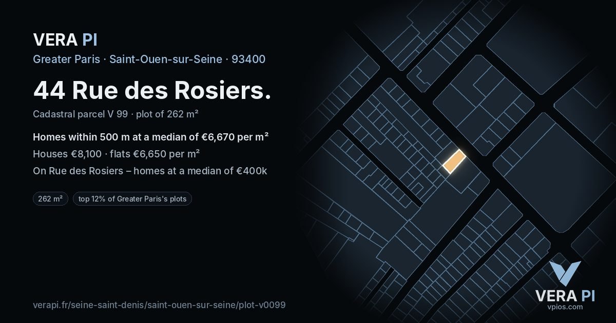 44 Rue des Rosiers, Saint-Ouen-sur-Seine at night – the plot lit, the parcels around coloured by the prices near them