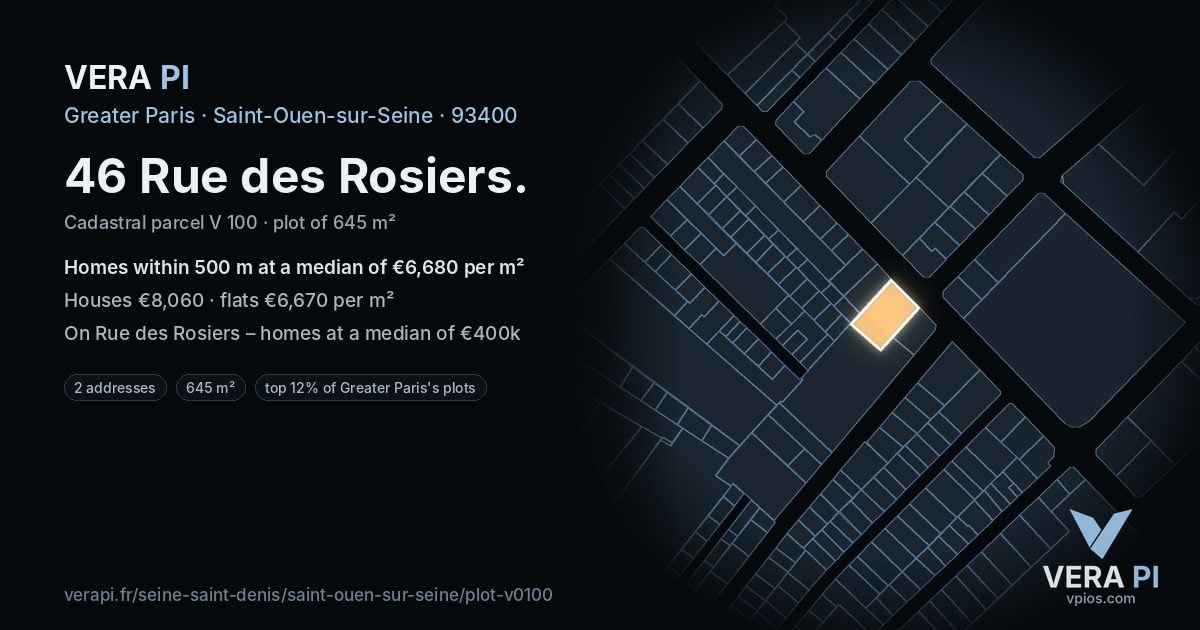 46 Rue des Rosiers, Saint-Ouen-sur-Seine at night – the plot lit, the parcels around coloured by the prices near them