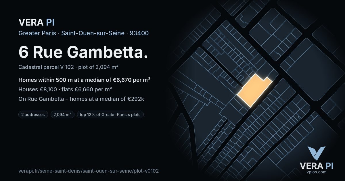6 Rue Gambetta, Saint-Ouen-sur-Seine at night – the plot lit, the parcels around coloured by the prices near them