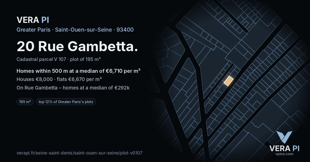 20 Rue Gambetta, Saint-Ouen-sur-Seine at night – the plot lit, the parcels around coloured by the prices near them