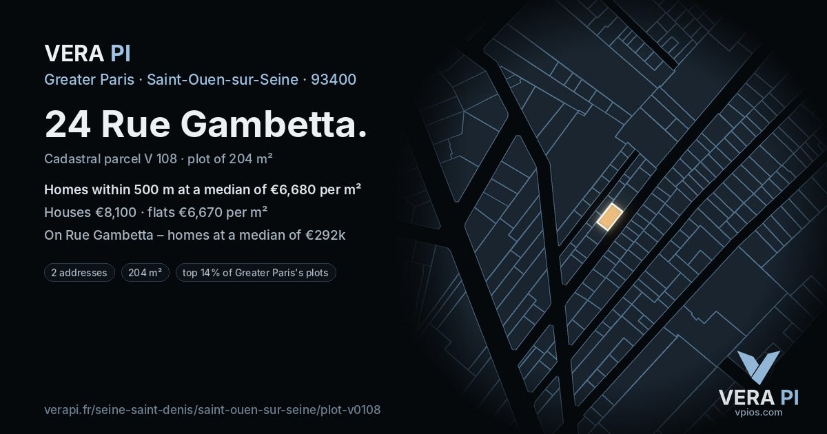 24 Rue Gambetta, Saint-Ouen-sur-Seine at night – the plot lit, the parcels around coloured by the prices near them