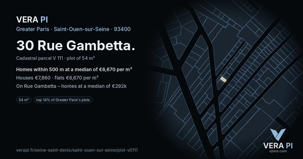 30 Rue Gambetta, Saint-Ouen-sur-Seine at night – the plot lit, the parcels around coloured by the prices near them