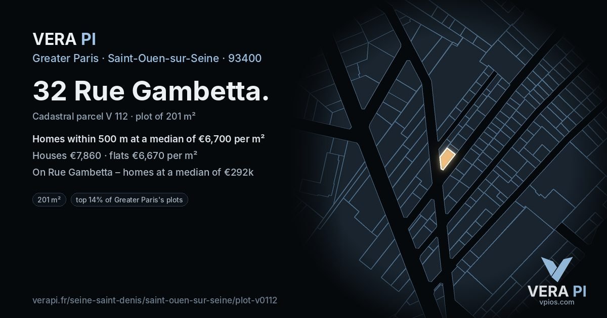 32 Rue Gambetta, Saint-Ouen-sur-Seine at night – the plot lit, the parcels around coloured by the prices near them