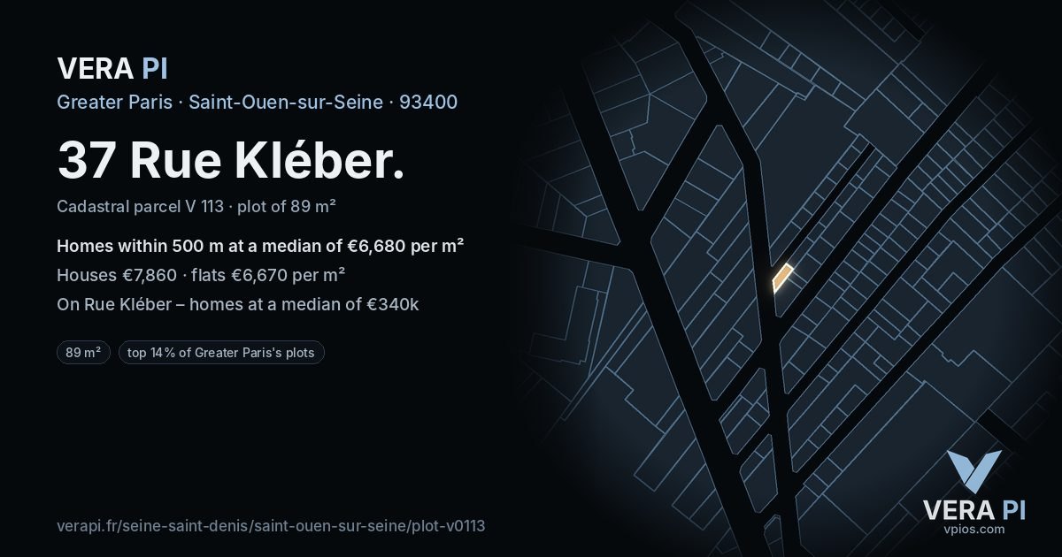 37 Rue Kléber, Saint-Ouen-sur-Seine at night – the plot lit, the parcels around coloured by the prices near them