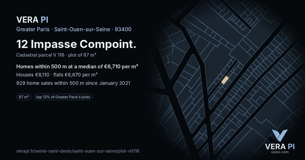 12 Impasse Compoint, Saint-Ouen-sur-Seine at night – the plot lit, the parcels around coloured by the prices near them