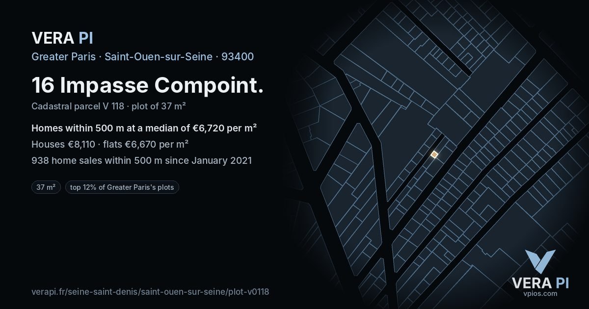 16 Impasse Compoint, Saint-Ouen-sur-Seine at night – the plot lit, the parcels around coloured by the prices near them