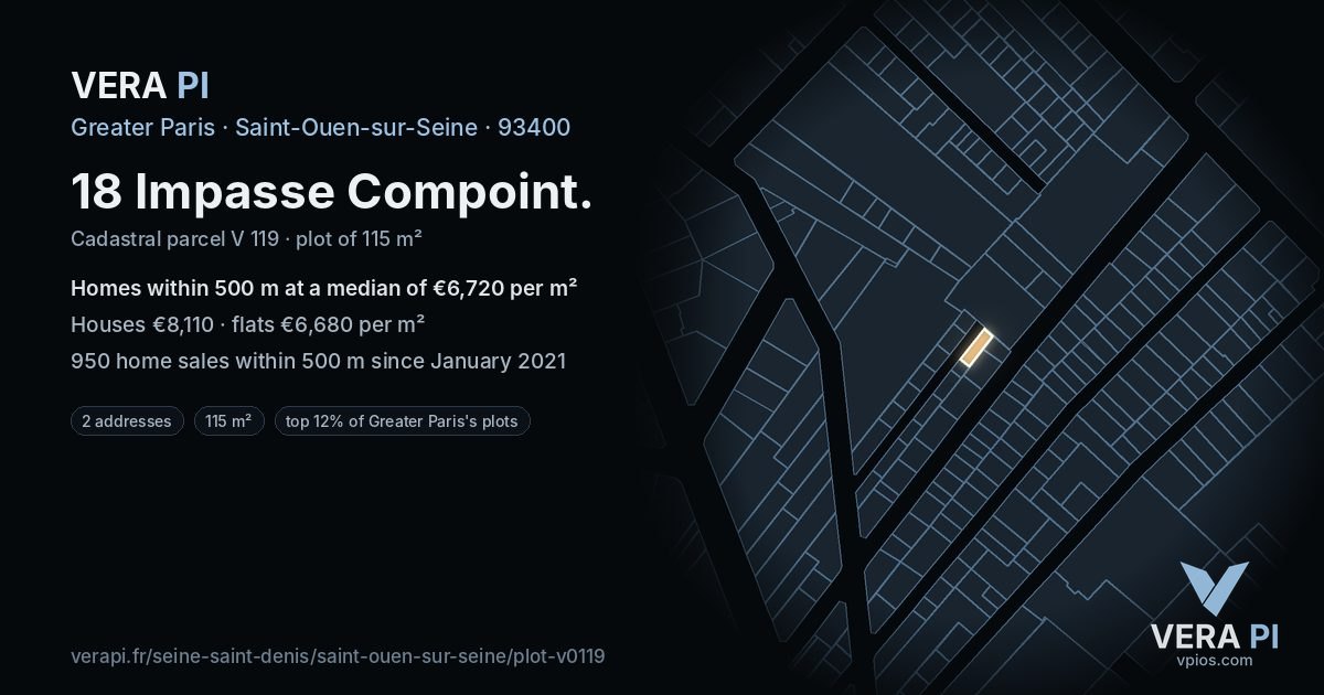 18 Impasse Compoint, Saint-Ouen-sur-Seine at night – the plot lit, the parcels around coloured by the prices near them