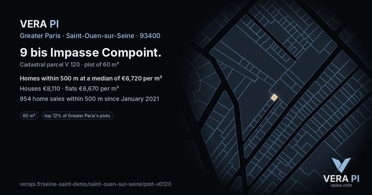9 bis Impasse Compoint, Saint-Ouen-sur-Seine at night – the plot lit, the parcels around coloured by the prices near them