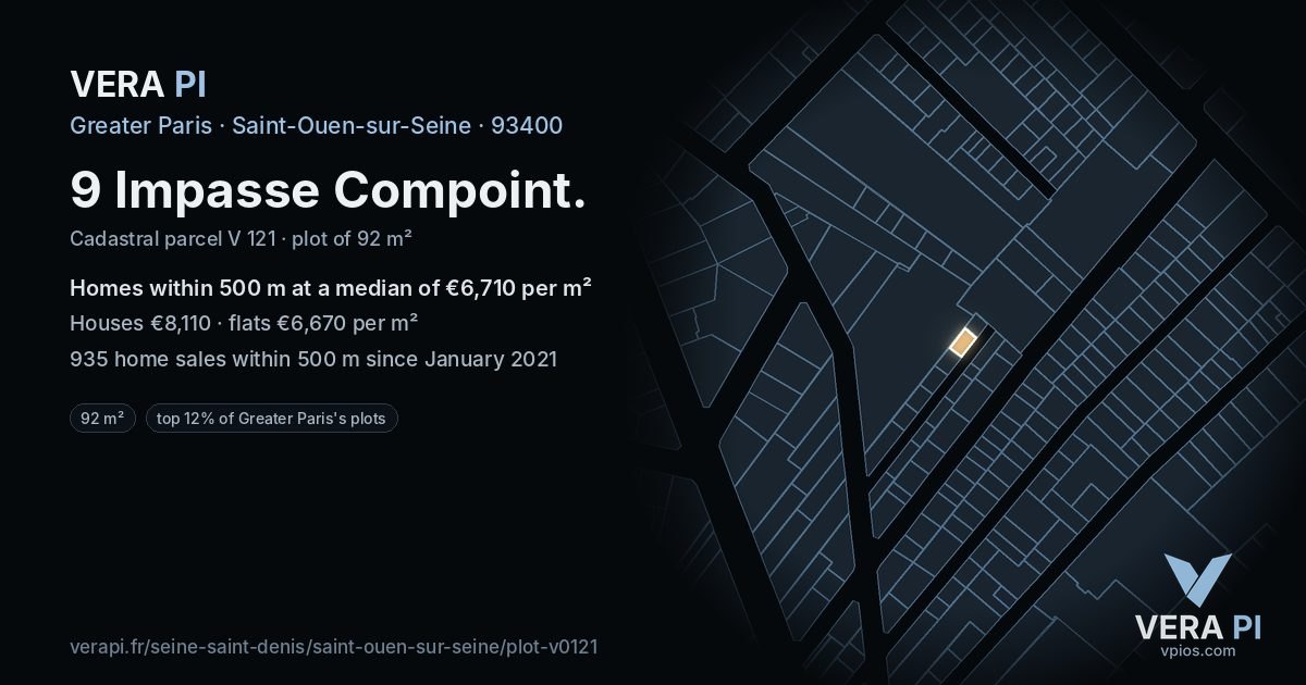 9 Impasse Compoint, Saint-Ouen-sur-Seine at night – the plot lit, the parcels around coloured by the prices near them