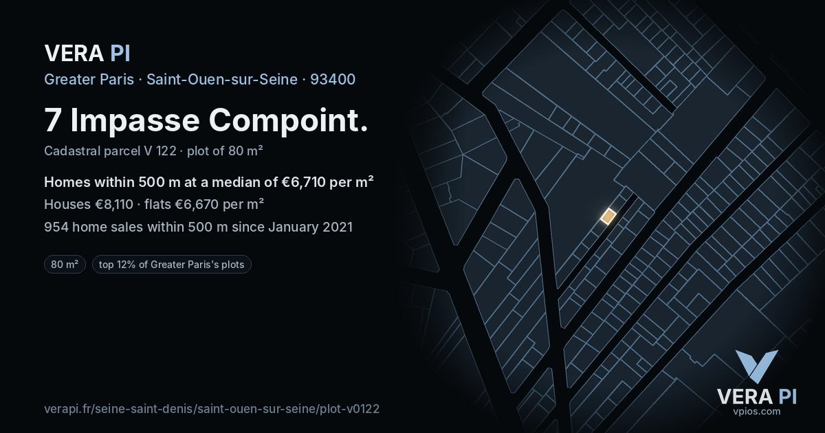 7 Impasse Compoint, Saint-Ouen-sur-Seine at night – the plot lit, the parcels around coloured by the prices near them