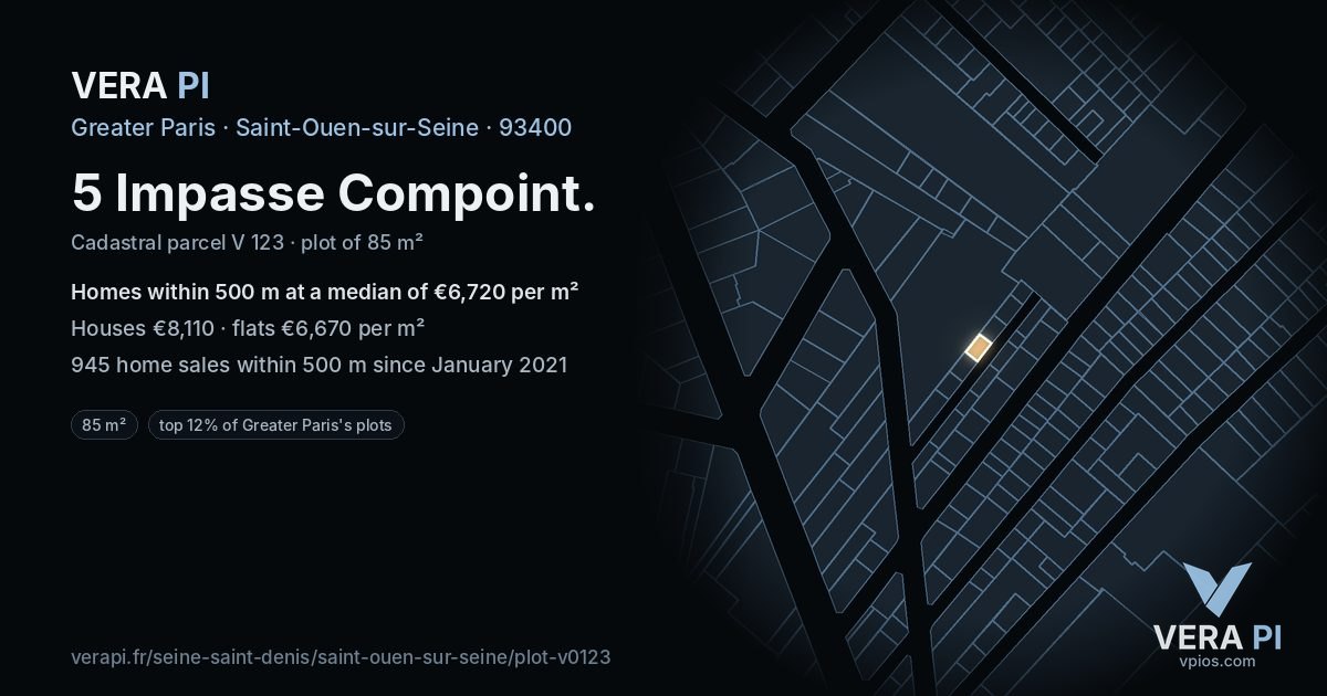 5 Impasse Compoint, Saint-Ouen-sur-Seine at night – the plot lit, the parcels around coloured by the prices near them