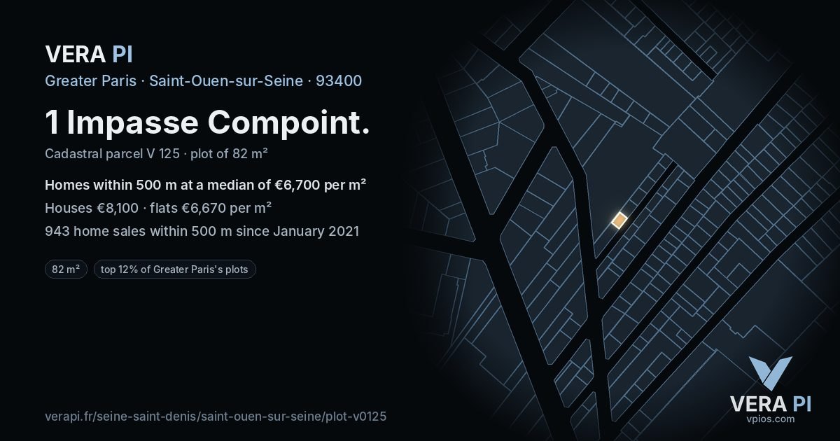 1 Impasse Compoint, Saint-Ouen-sur-Seine at night – the plot lit, the parcels around coloured by the prices near them