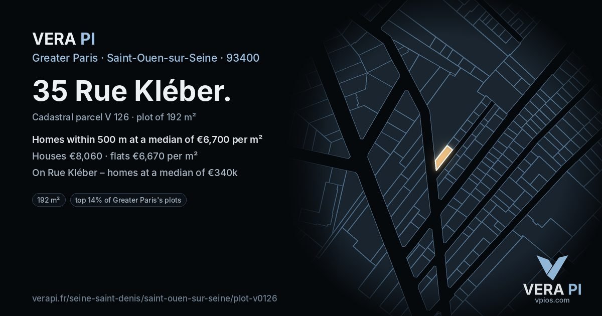 35 Rue Kléber, Saint-Ouen-sur-Seine at night – the plot lit, the parcels around coloured by the prices near them