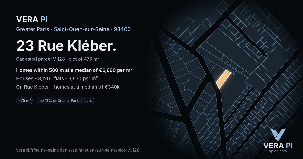 23 Rue Kléber, Saint-Ouen-sur-Seine at night – the plot lit, the parcels around coloured by the prices near them