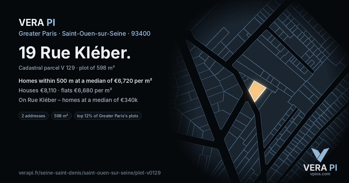 19 Rue Kléber, Saint-Ouen-sur-Seine at night – the plot lit, the parcels around coloured by the prices near them