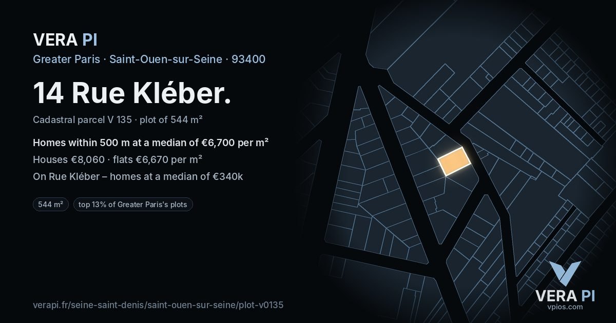 14 Rue Kléber, Saint-Ouen-sur-Seine at night – the plot lit, the parcels around coloured by the prices near them
