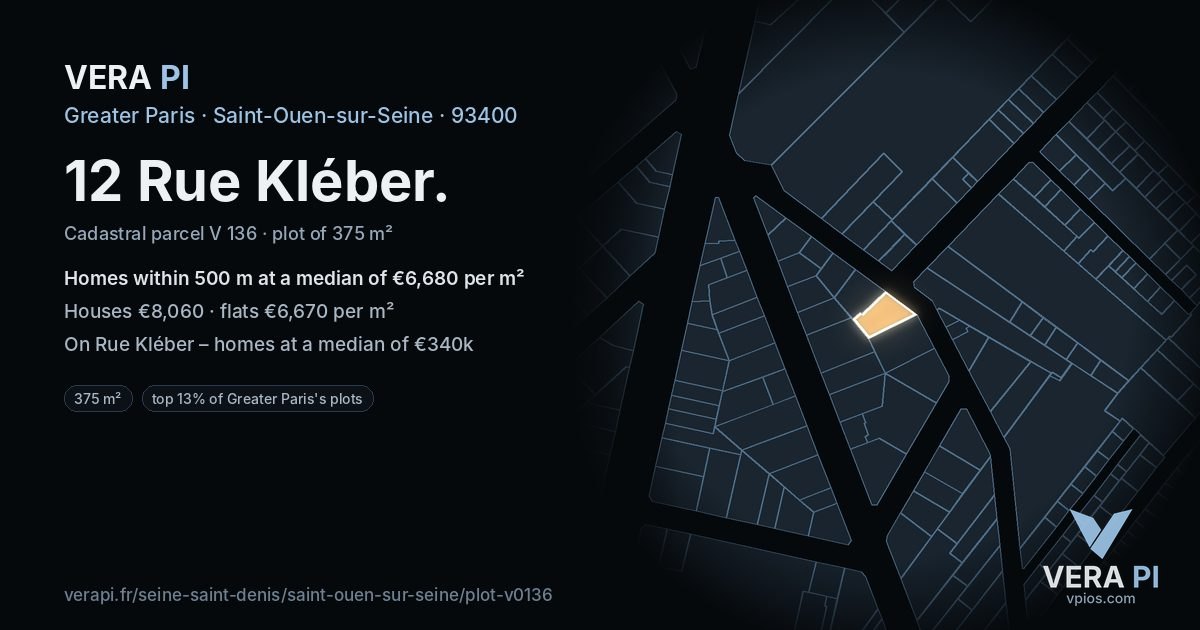 12 Rue Kléber, Saint-Ouen-sur-Seine at night – the plot lit, the parcels around coloured by the prices near them