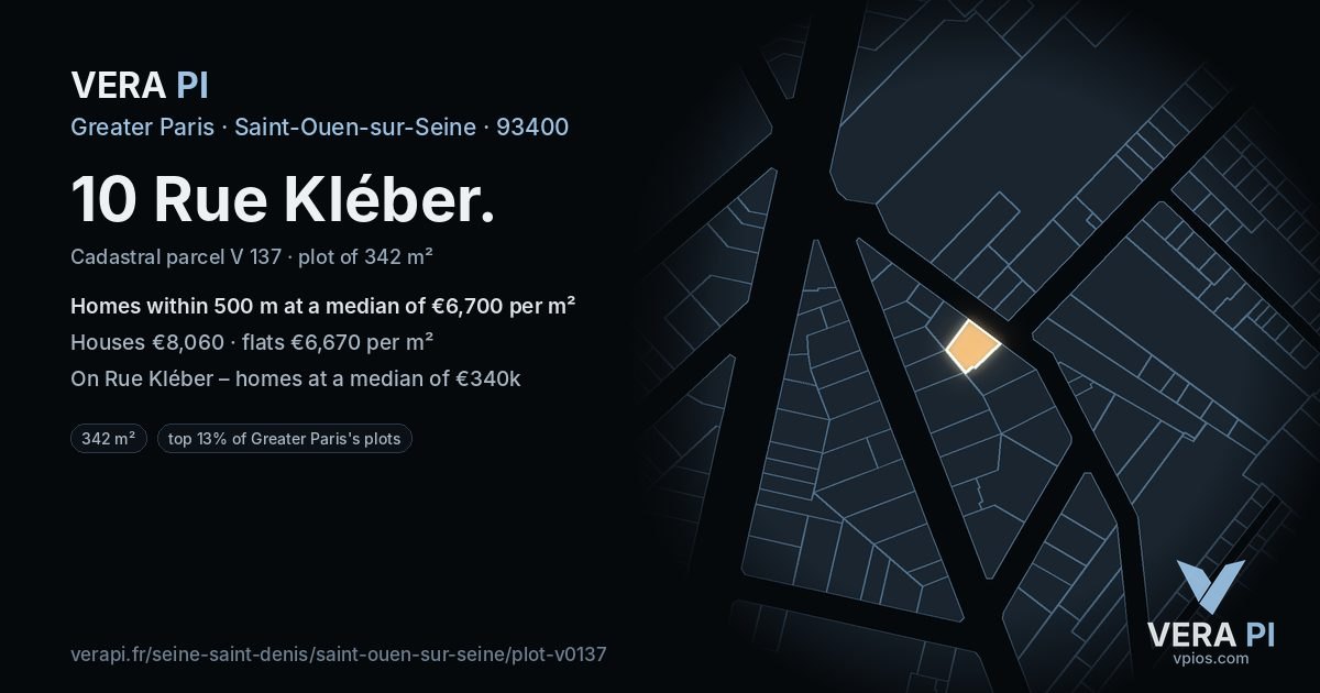 10 Rue Kléber, Saint-Ouen-sur-Seine at night – the plot lit, the parcels around coloured by the prices near them