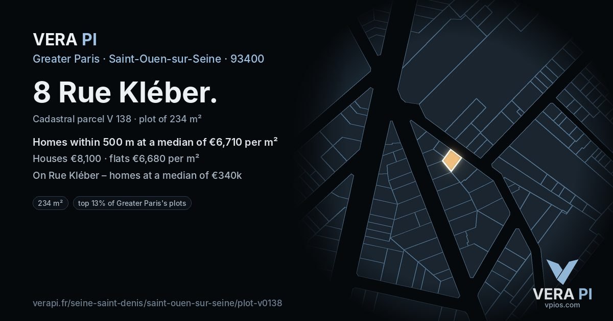 8 Rue Kléber, Saint-Ouen-sur-Seine at night – the plot lit, the parcels around coloured by the prices near them