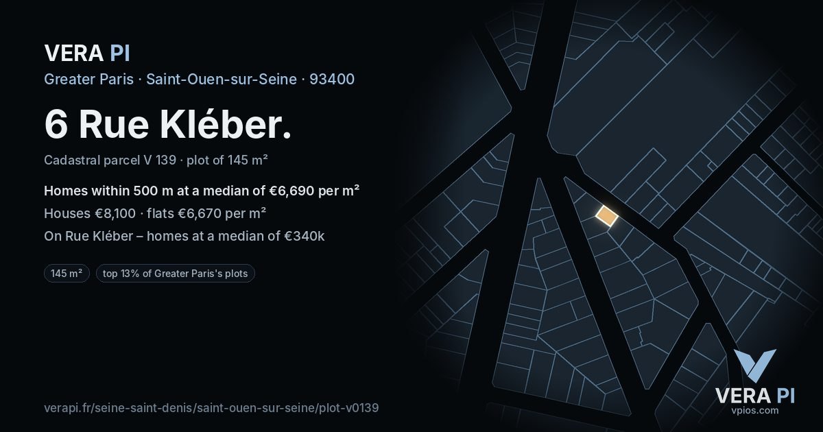 6 Rue Kléber, Saint-Ouen-sur-Seine at night – the plot lit, the parcels around coloured by the prices near them