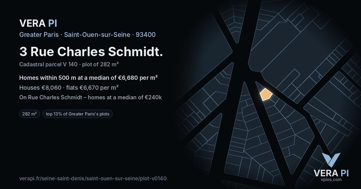 3 Rue Charles Schmidt, Saint-Ouen-sur-Seine at night – the plot lit, the parcels around coloured by the prices near them