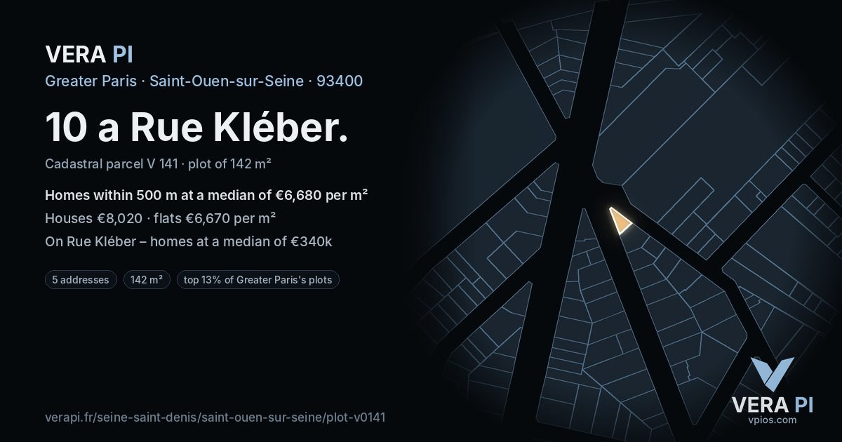 10 a Rue Kléber, Saint-Ouen-sur-Seine at night – the plot lit, the parcels around coloured by the prices near them