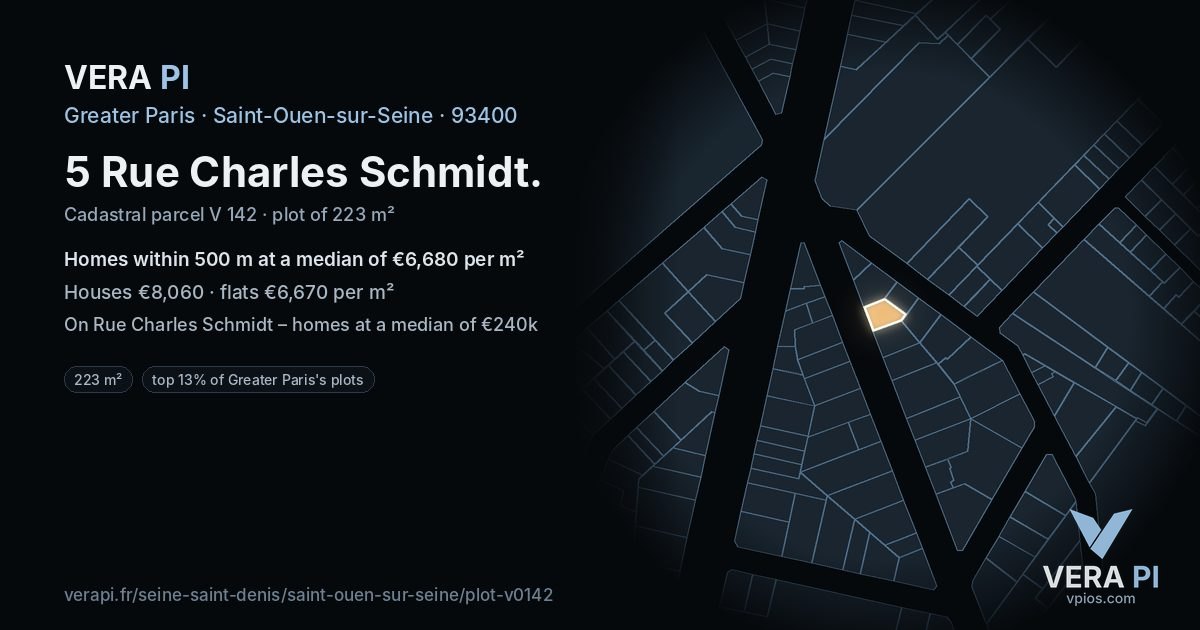 5 Rue Charles Schmidt, Saint-Ouen-sur-Seine at night – the plot lit, the parcels around coloured by the prices near them