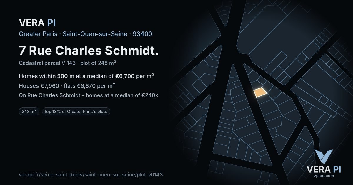 7 Rue Charles Schmidt, Saint-Ouen-sur-Seine at night – the plot lit, the parcels around coloured by the prices near them