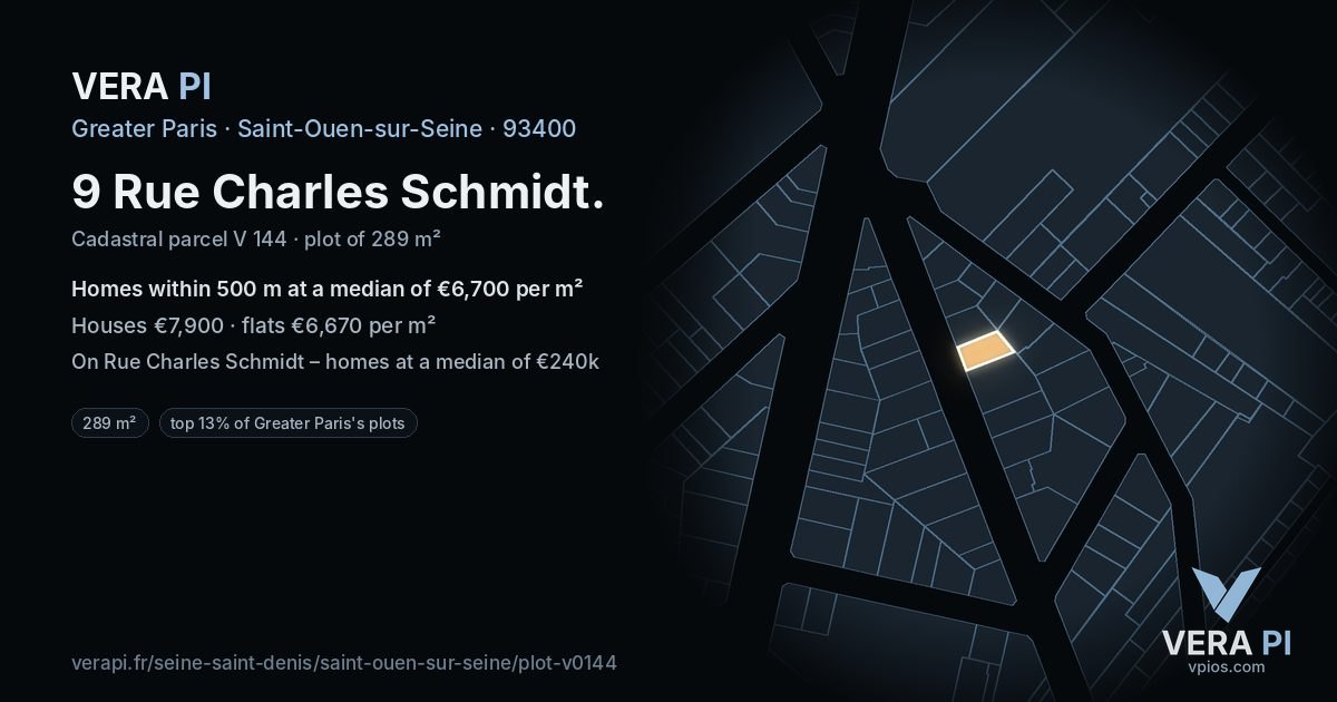 9 Rue Charles Schmidt, Saint-Ouen-sur-Seine at night – the plot lit, the parcels around coloured by the prices near them
