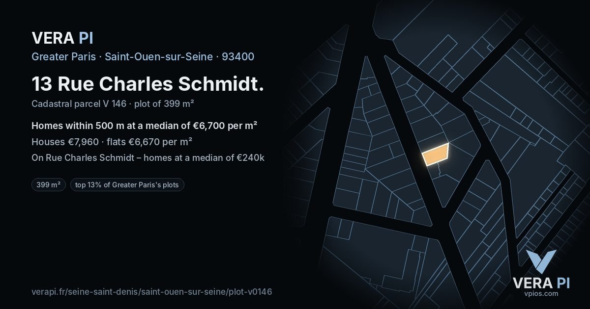 13 Rue Charles Schmidt, Saint-Ouen-sur-Seine at night – the plot lit, the parcels around coloured by the prices near them