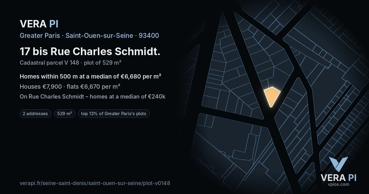 17 bis Rue Charles Schmidt, Saint-Ouen-sur-Seine at night – the plot lit, the parcels around coloured by the prices near them