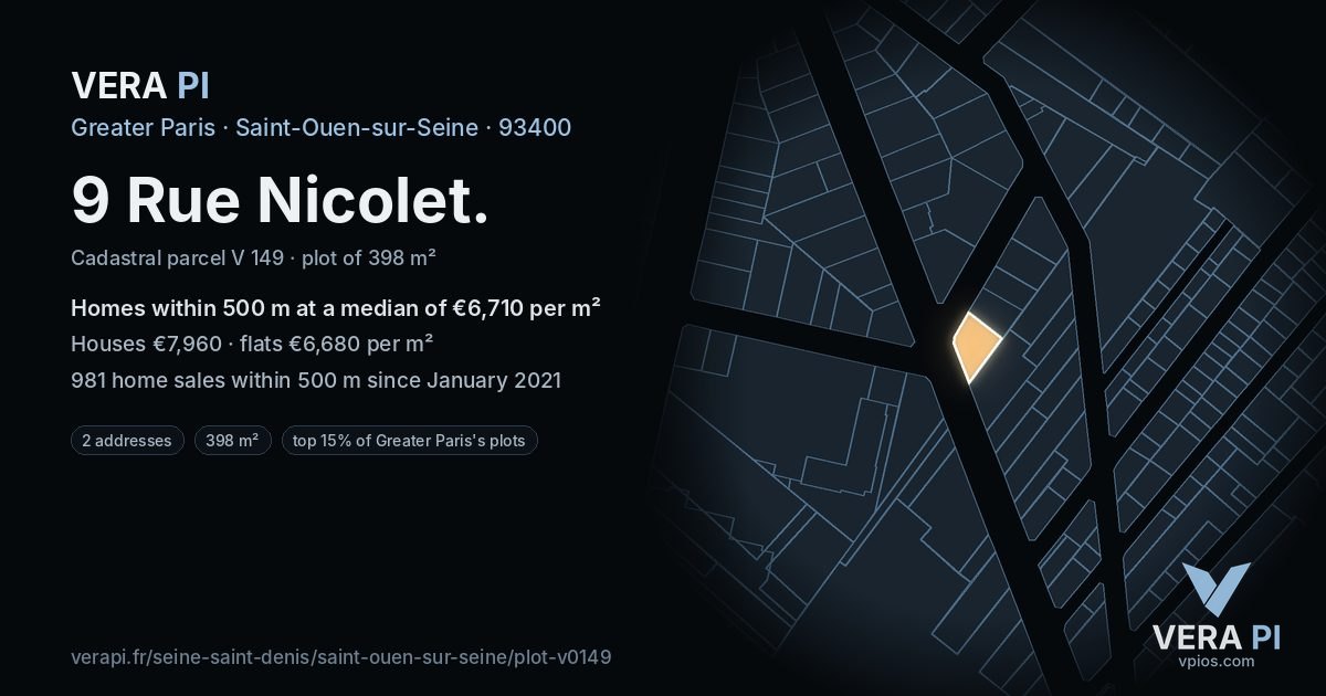 9 Rue Nicolet, Saint-Ouen-sur-Seine at night – the plot lit, the parcels around coloured by the prices near them