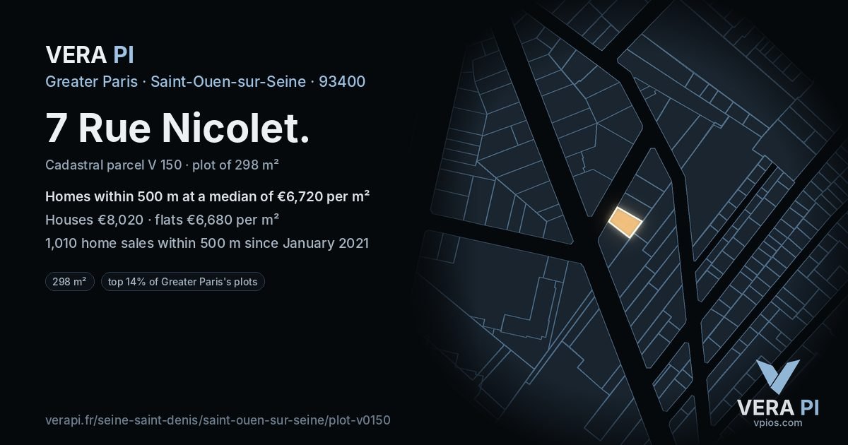7 Rue Nicolet, Saint-Ouen-sur-Seine at night – the plot lit, the parcels around coloured by the prices near them